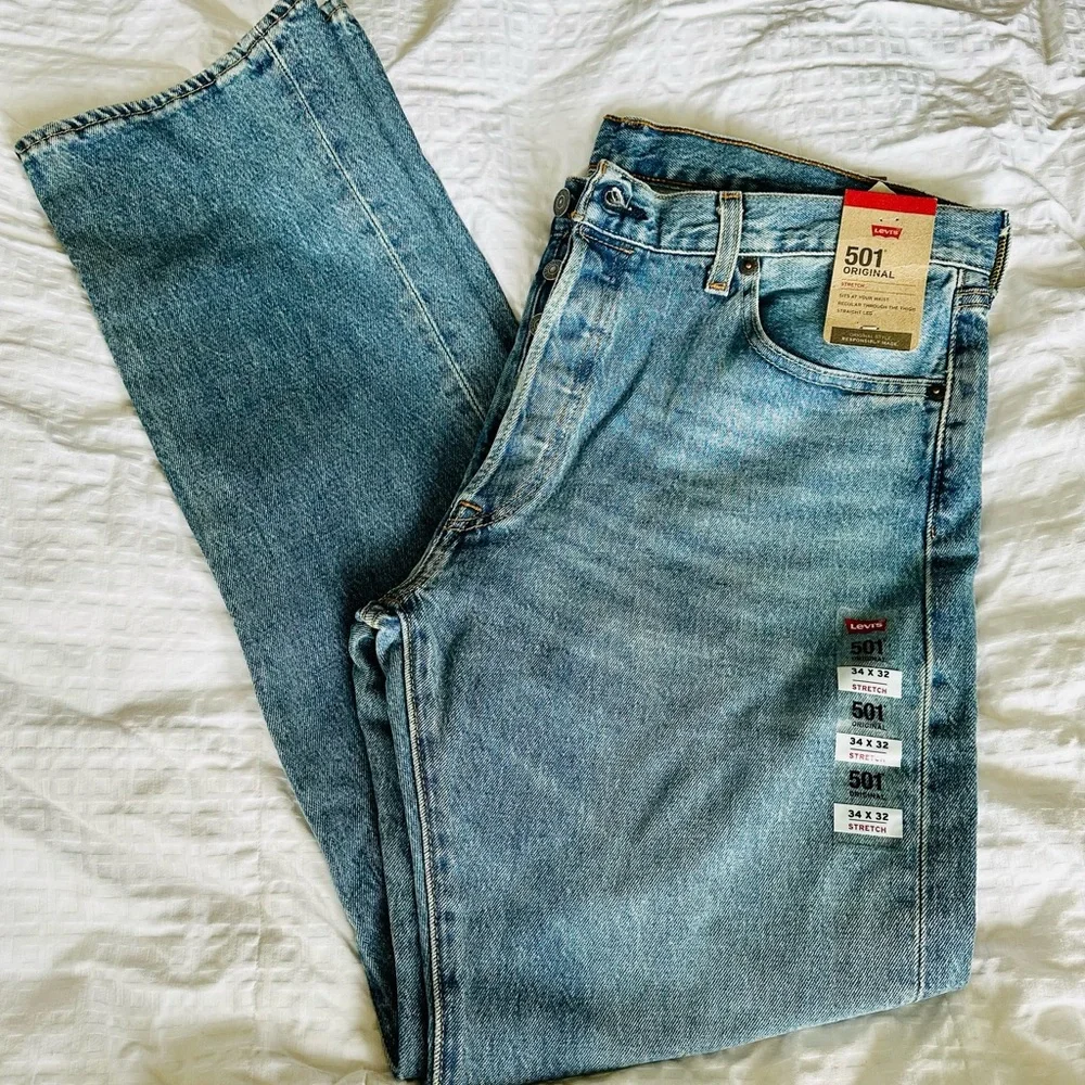Levi’s 501 The Ben Stretch Medium Wash Button Fly Straight Leg Blue Jeans - Picture 2 of 12